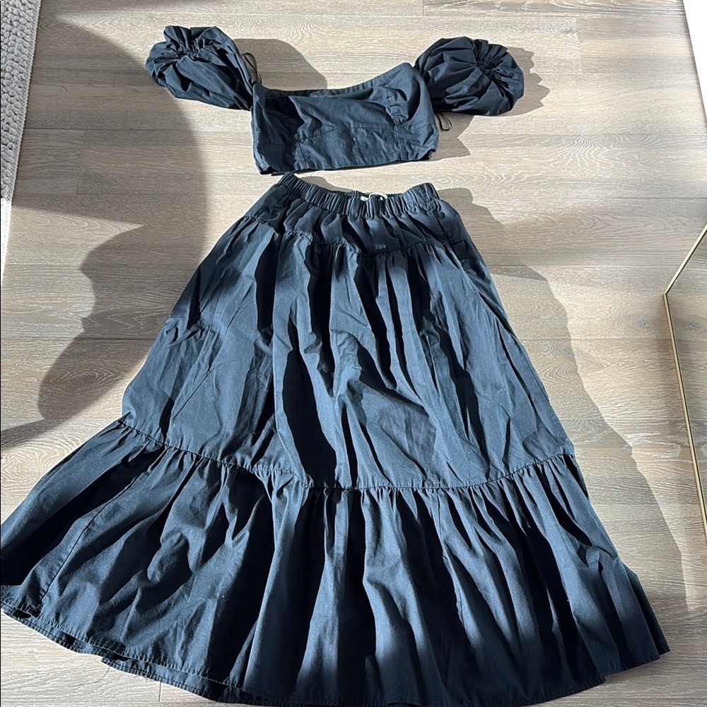 Black Puff off the shoulder Sleeve Crop Top and Maxi Skirt Set